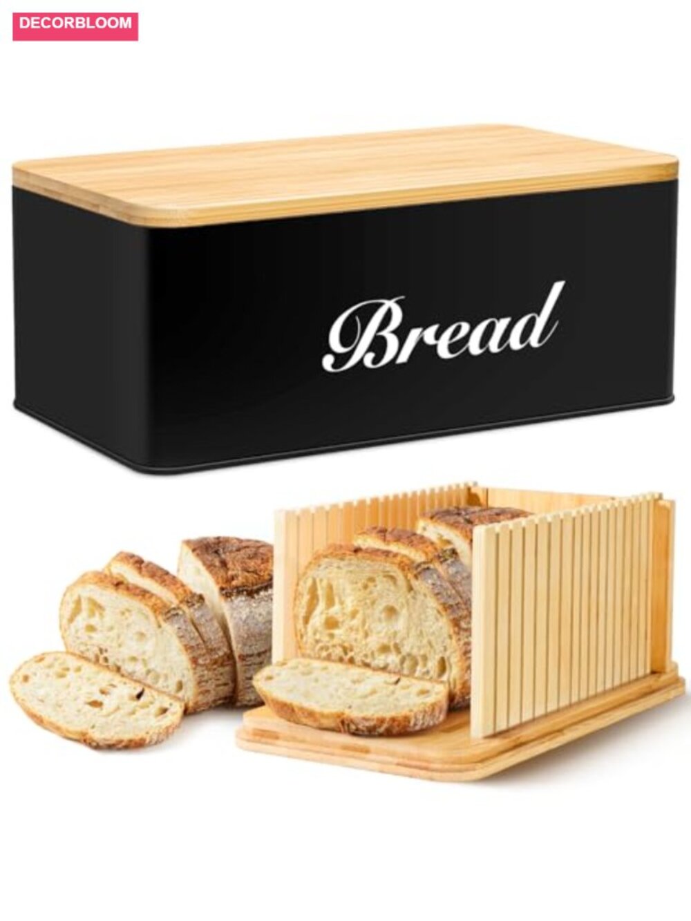 3-in-1 Bread Slicer with Bamboo Lid, Metal Bread Box Storage, Adjustable Loaf